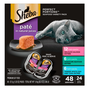 SHEBA Wet Cat Food Pate Variety Pack, Signature Seafood, Delicate Salmon and Tender Whitefish & Tuna Entrees, 2.6 oz. PERFECT PORTIONS Twin-Pack Trays